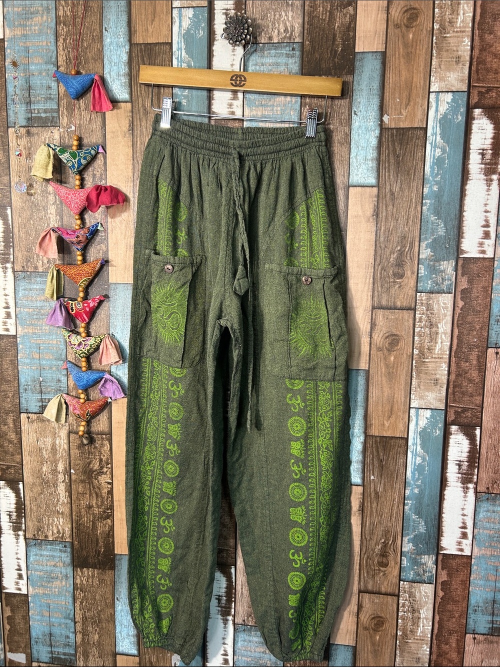 Olive Green Cargo Harem Pants with Bright Green Print